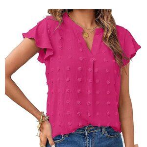 MEROKEETY V Neck Ruffle Short Sleeve Top Swiss Dot Small hot pink